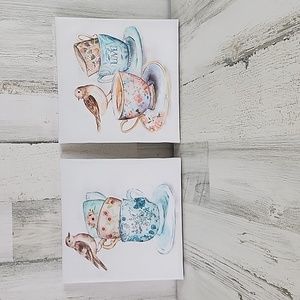 Birds teacups printed canvas decorative wall hanging art 8.5" x 8.5" set of 2